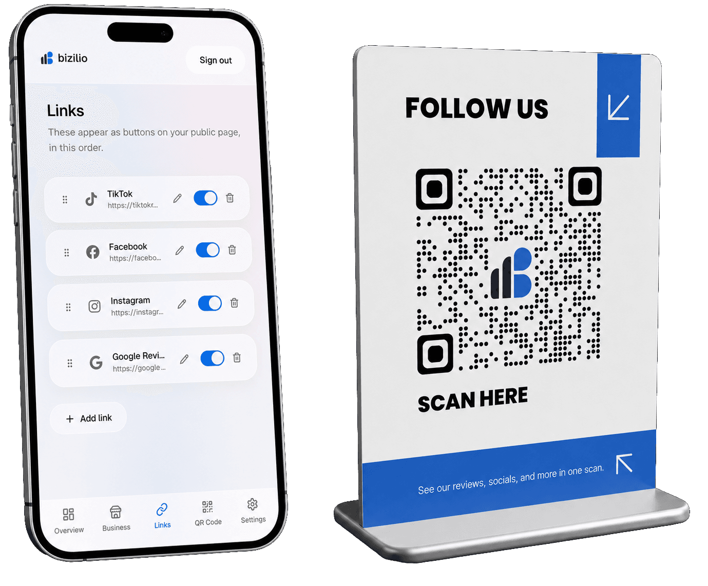 Bizilio QR stand on a table